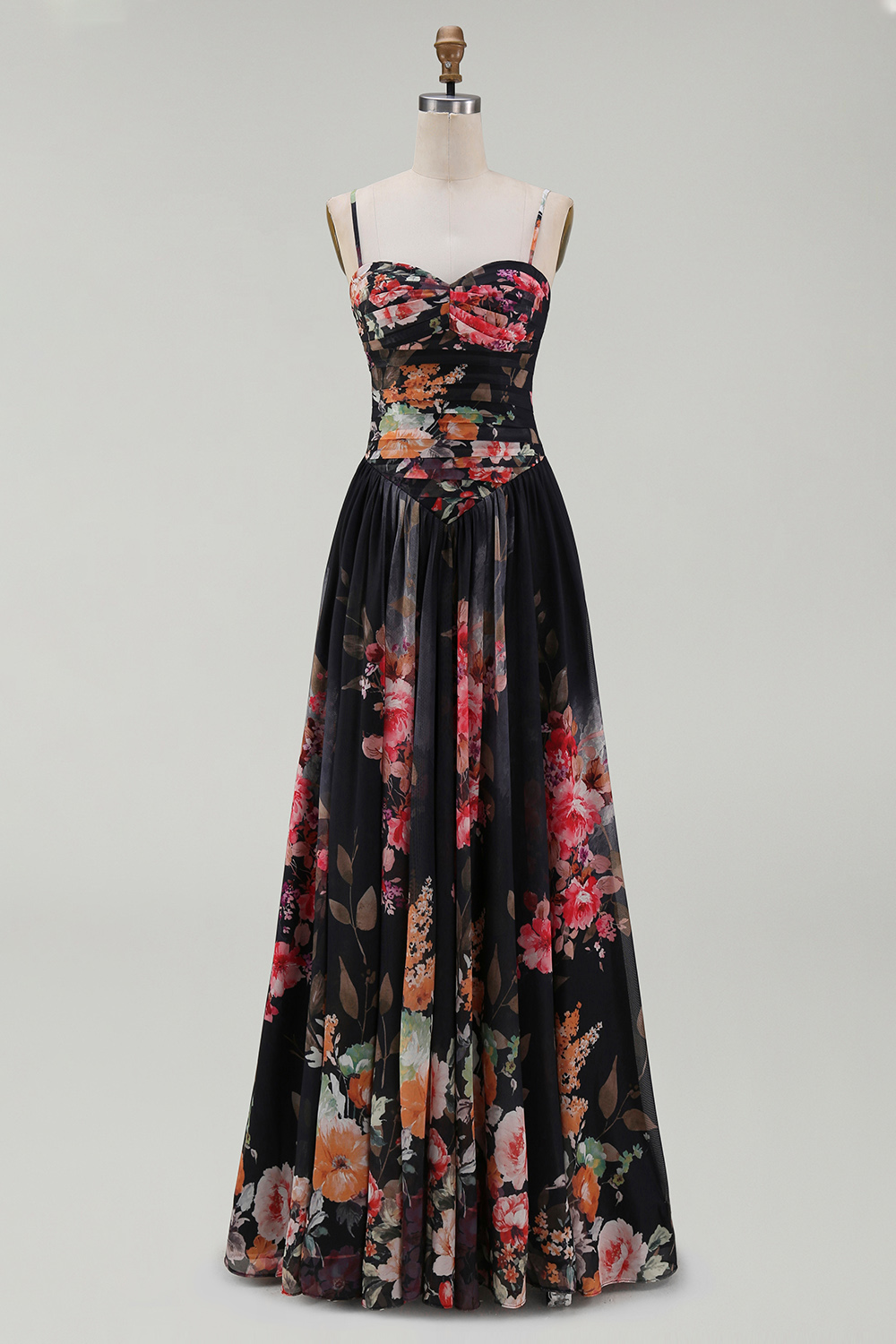 Black Floral A Line Spaghetti Straps Maxi Evening Dress