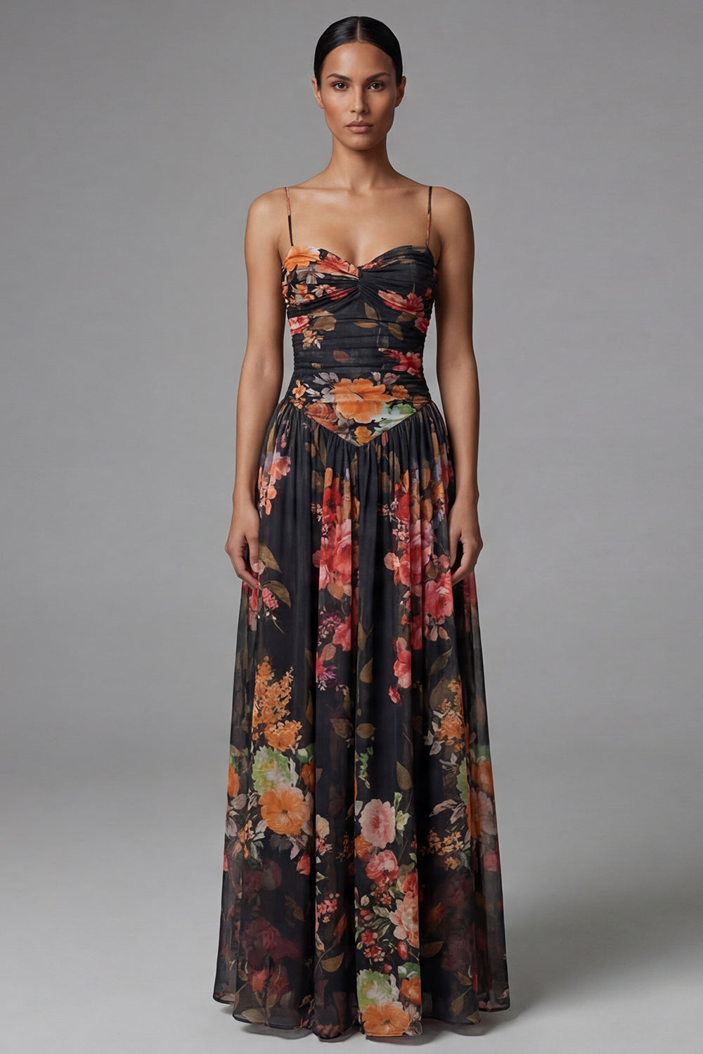 Black Floral A Line Spaghetti Straps Maxi Evening Dress