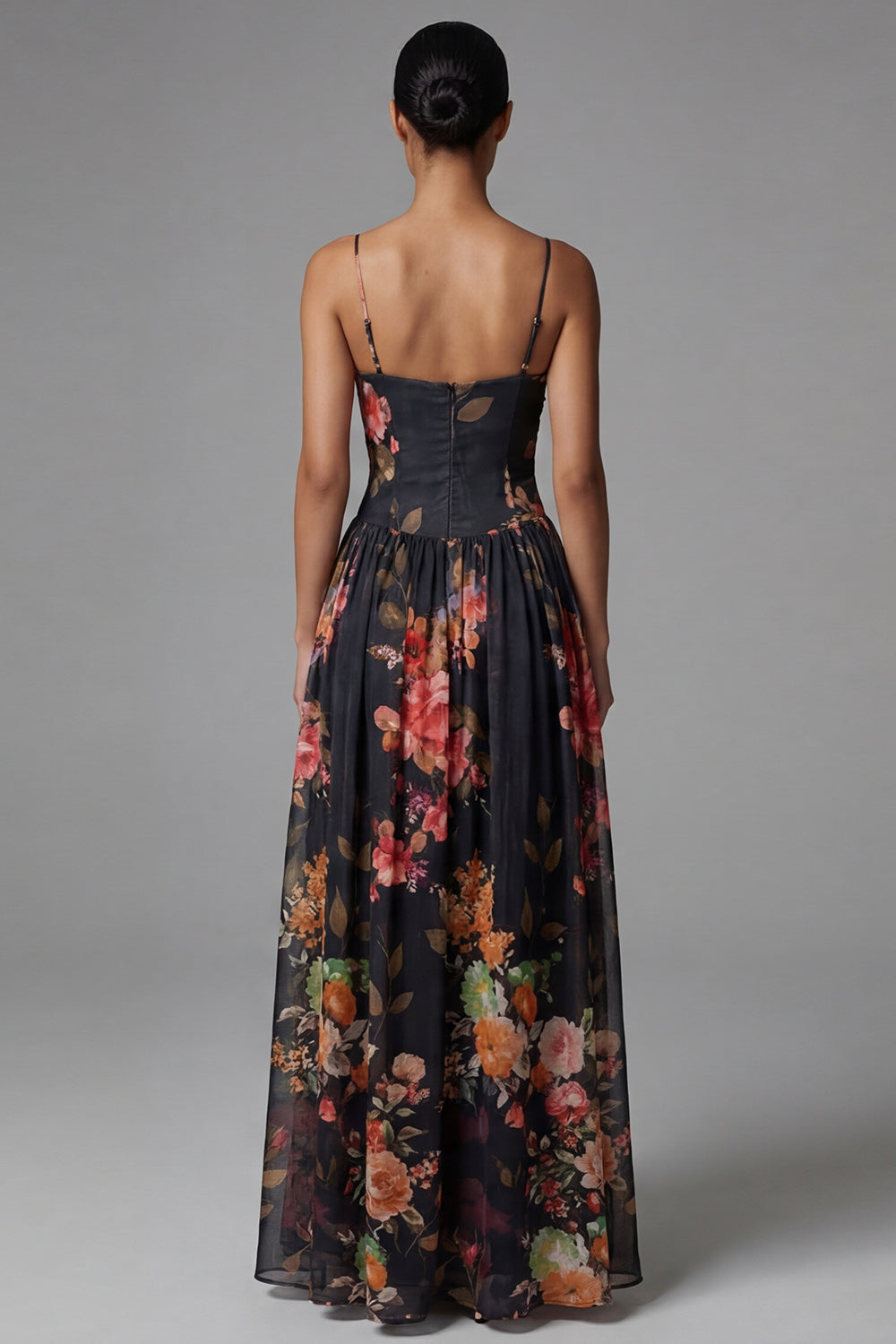 Black Floral A Line Spaghetti Straps Maxi Evening Dress