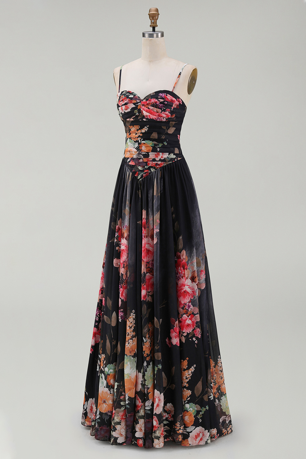 Black Floral A Line Spaghetti Straps Maxi Evening Dress