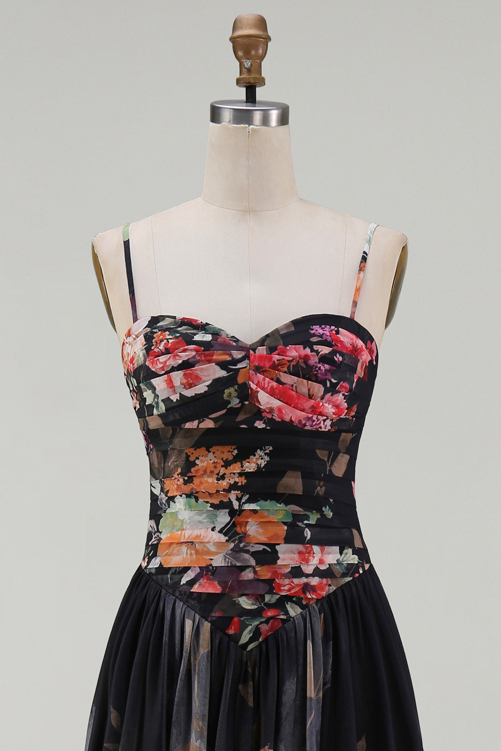 Black Floral A Line Spaghetti Straps Maxi Evening Dress