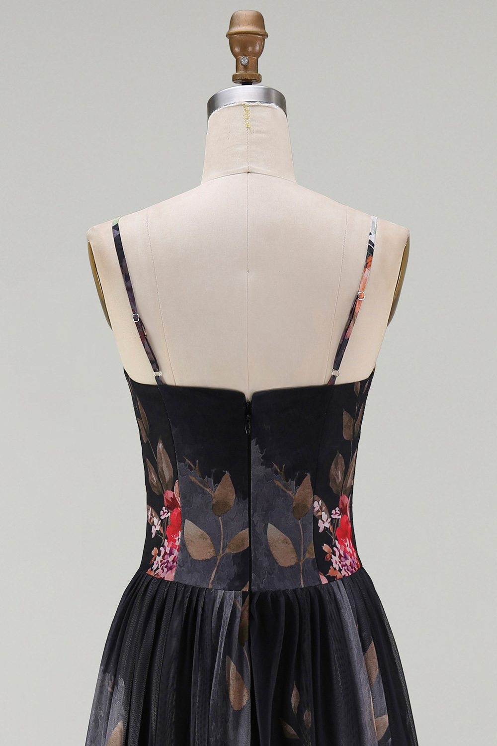 Black Floral A Line Spaghetti Straps Maxi Evening Dress