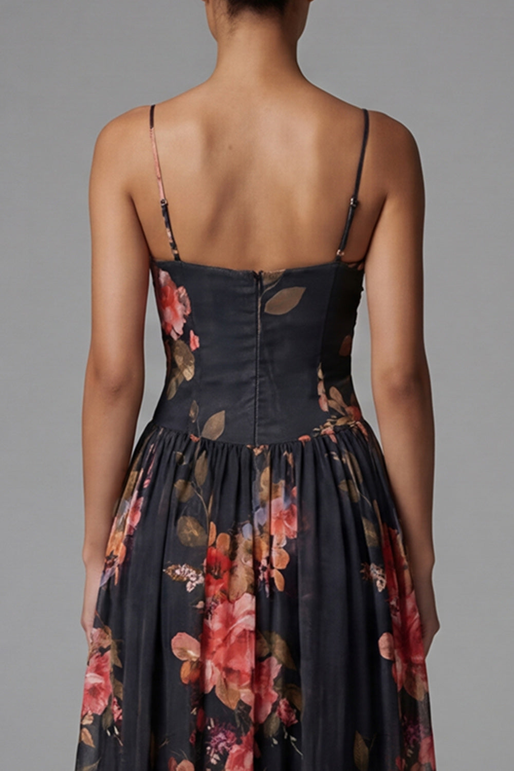 Black Floral A Line Spaghetti Straps Maxi Evening Dress