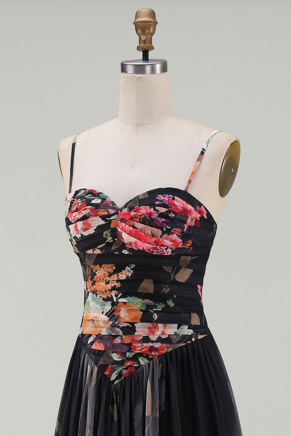 Black Floral A Line Spaghetti Straps Maxi Evening Dress