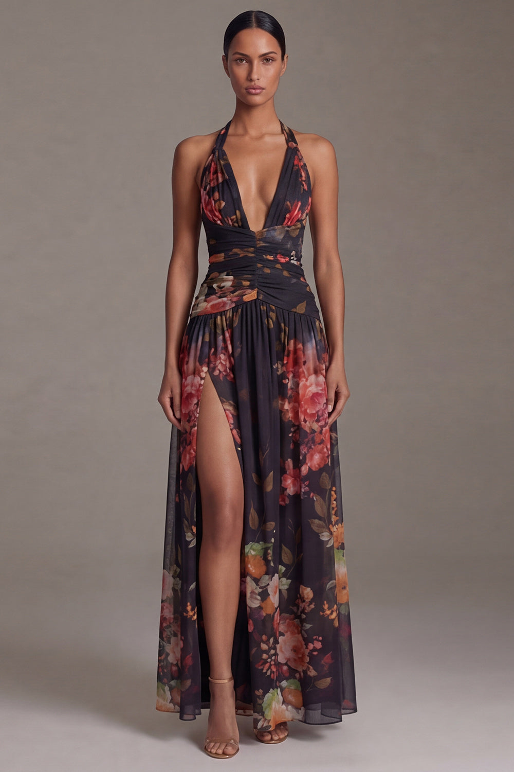 Black Floral A Line Halter Maxi Evening Dress with Slit