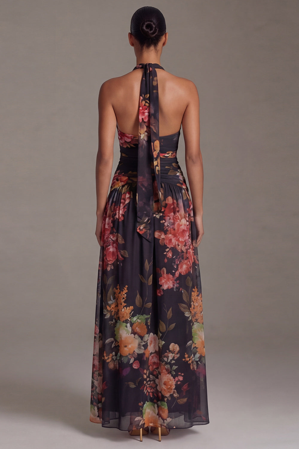 Black Floral A Line Halter Maxi Evening Dress with Slit