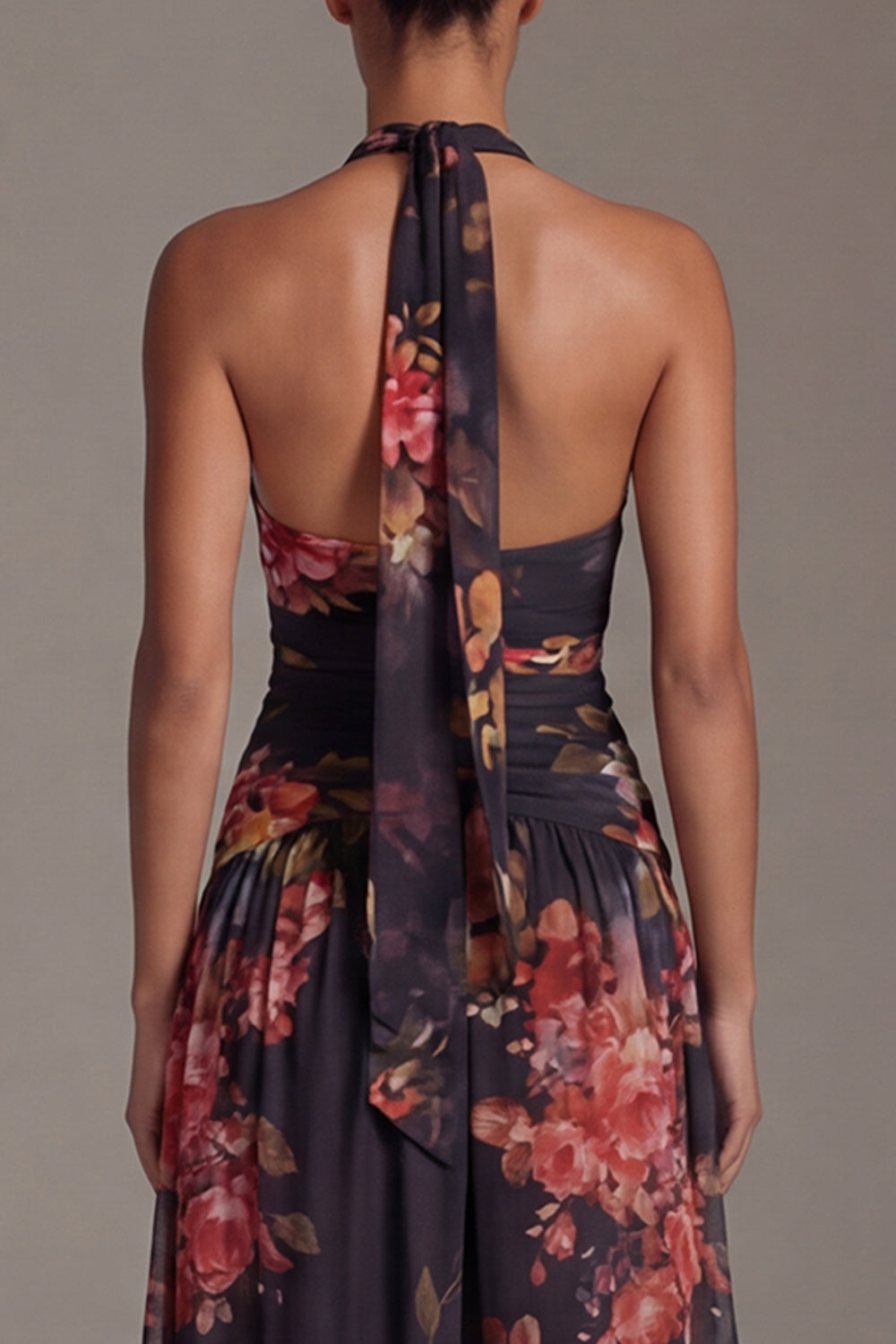 Black Floral A Line Halter Maxi Evening Dress with Slit