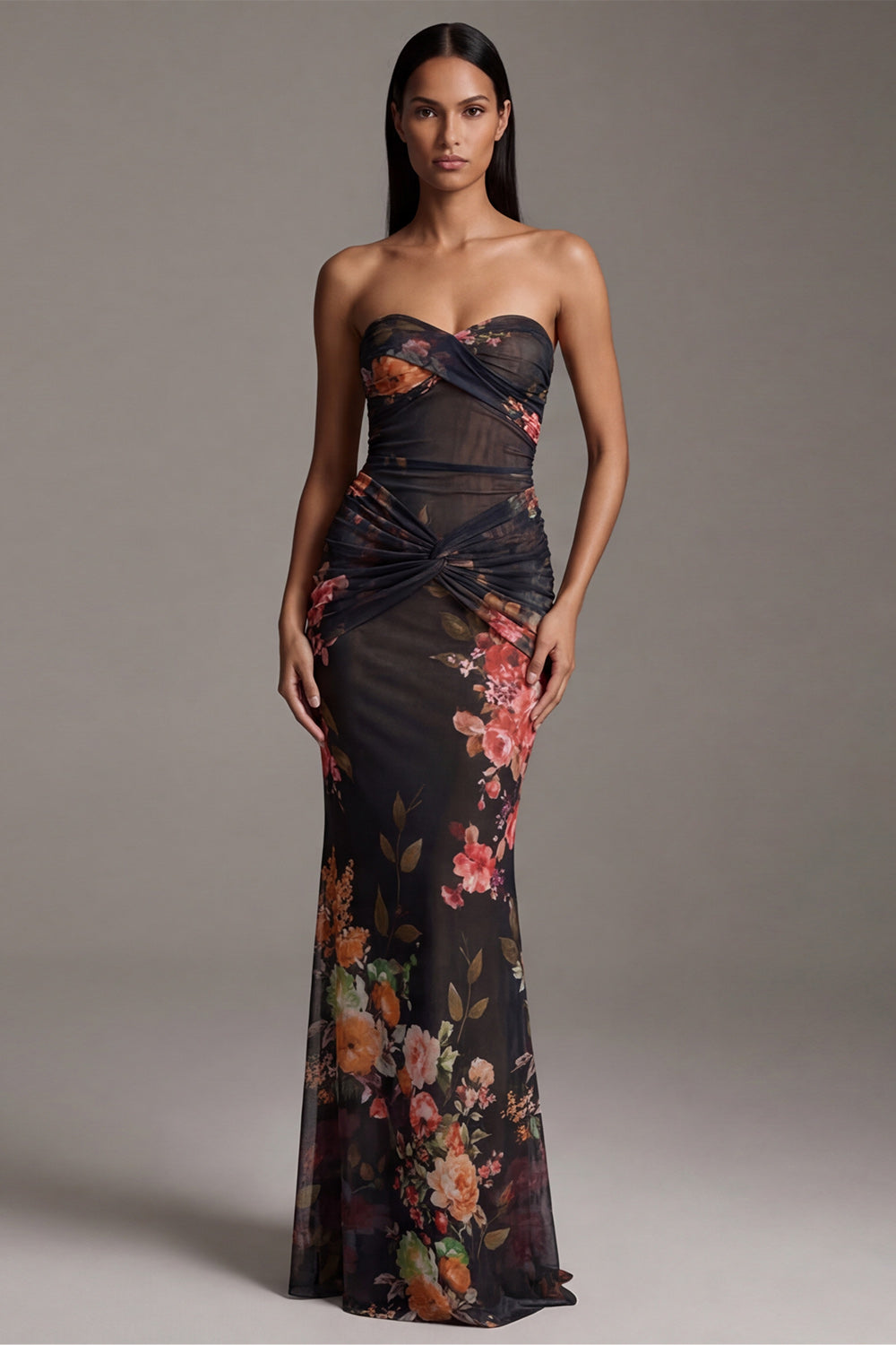 Floral Strapless Black Mermaid Maxi Evening Dress