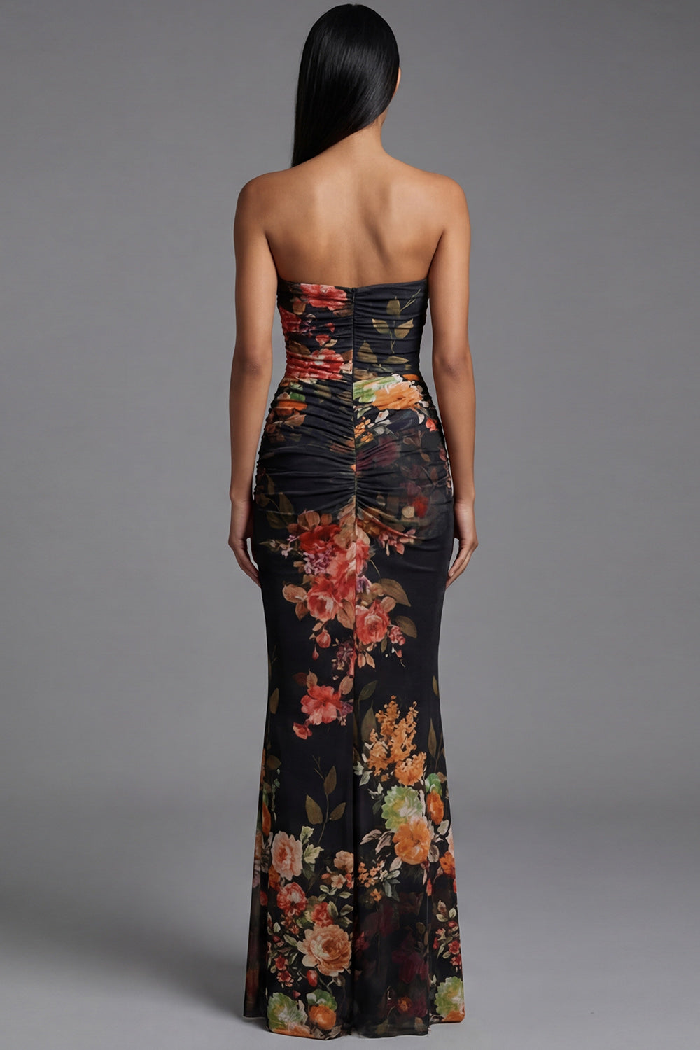 Floral Strapless Black Mermaid Maxi Evening Dress