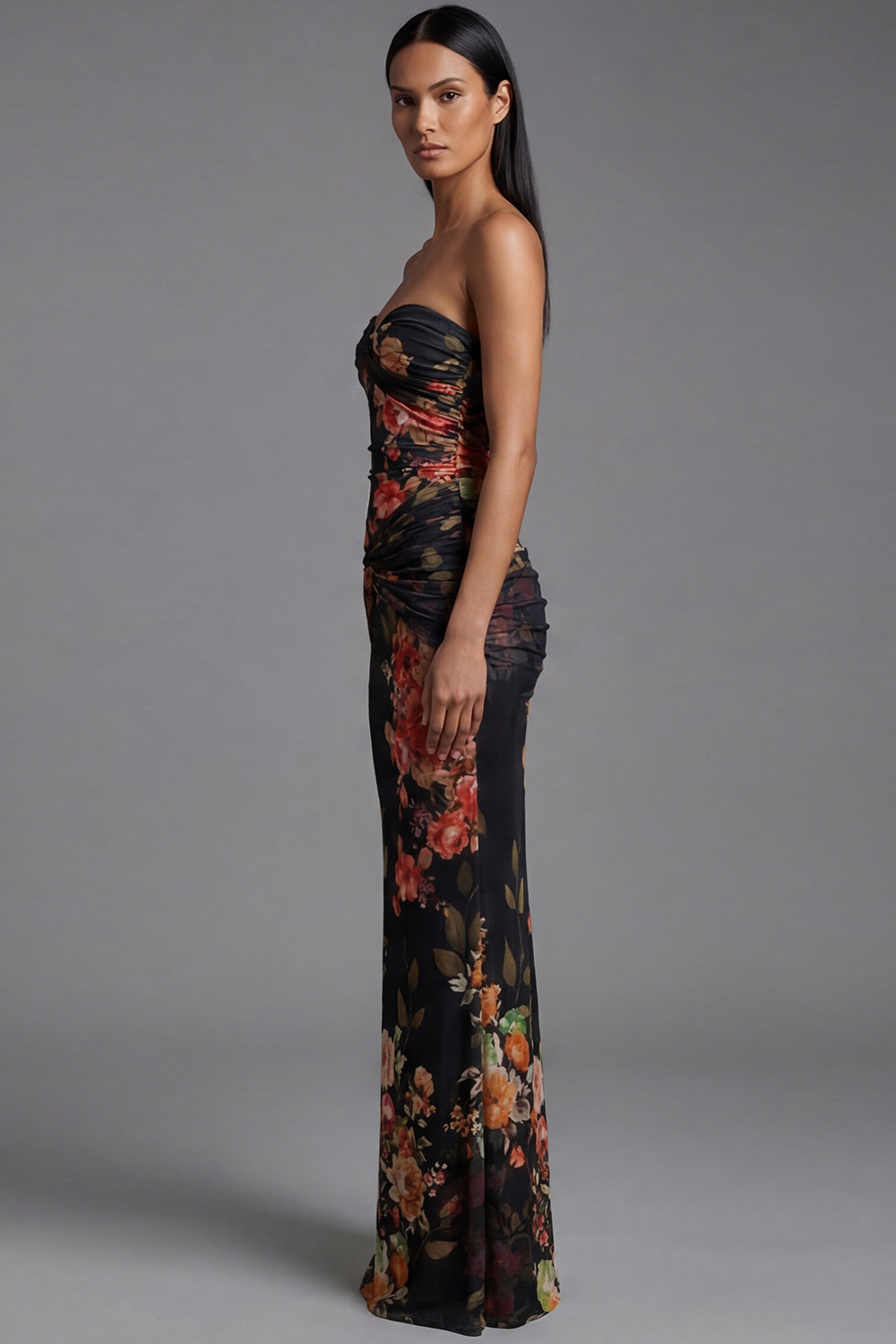 Floral Strapless Black Mermaid Maxi Evening Dress