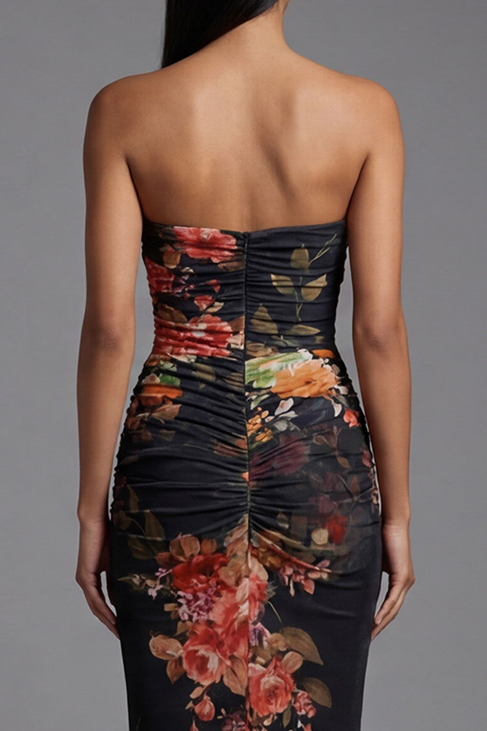 Floral Strapless Black Mermaid Maxi Evening Dress