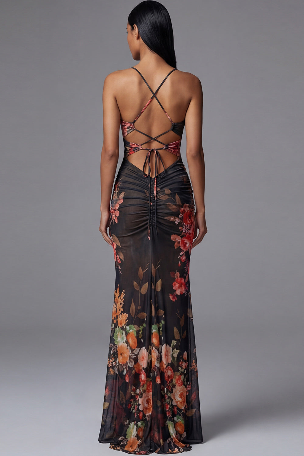 Black Floral Spaghetti Straps Mermaid Maxi Reception Dress