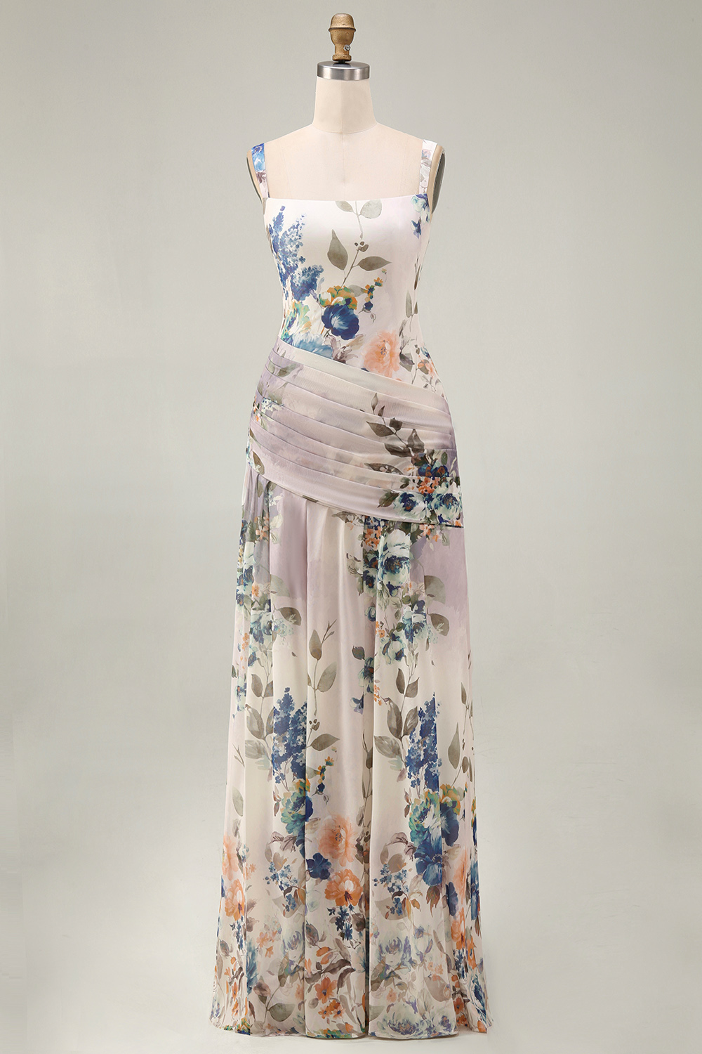 Ivory Draped Floral Square Neck A Line Maxi Evening Dress
