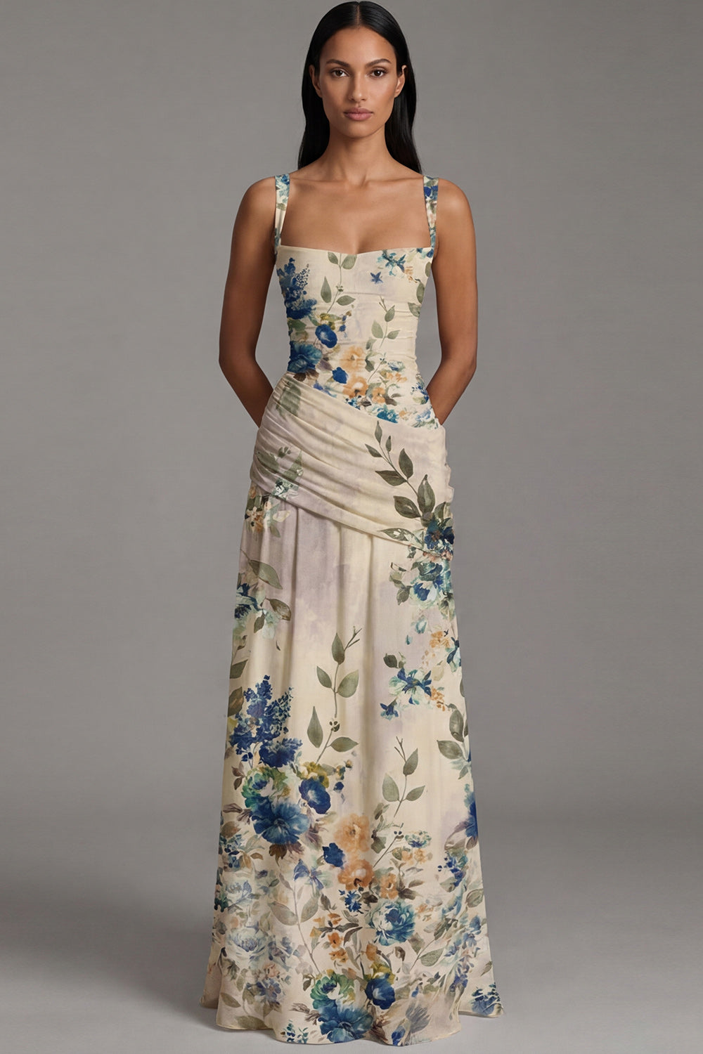 Ivory Draped Floral Square Neck A Line Maxi Evening Dress