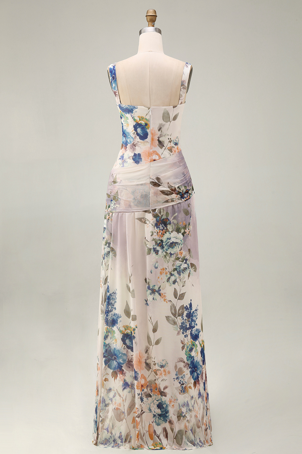 Ivory Draped Floral Square Neck A Line Maxi Evening Dress