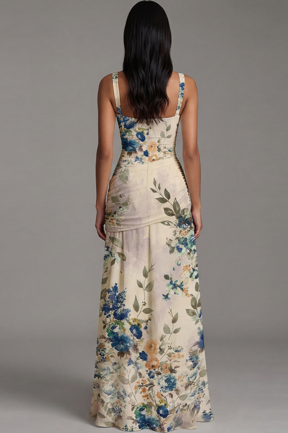 Ivory Draped Floral Square Neck A Line Maxi Evening Dress
