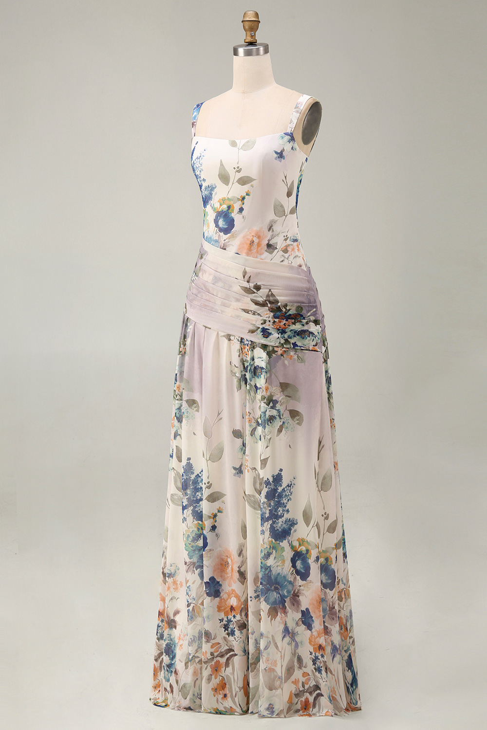 Ivory Draped Floral Square Neck A Line Maxi Evening Dress