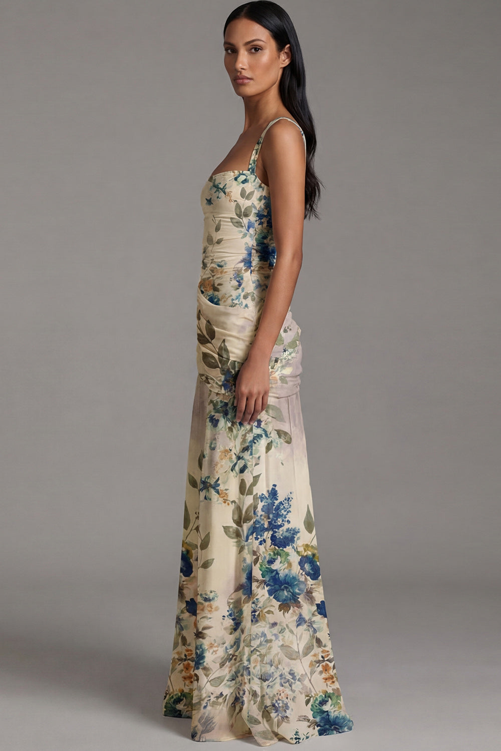 Ivory Draped Floral Square Neck A Line Maxi Evening Dress