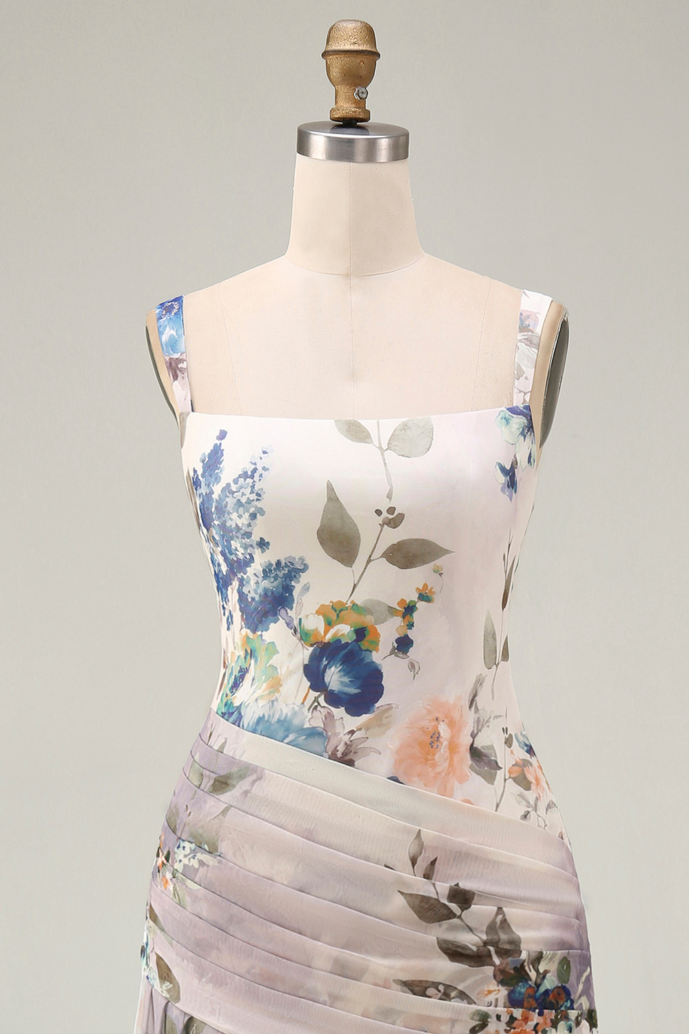 Ivory Draped Floral Square Neck A Line Maxi Evening Dress