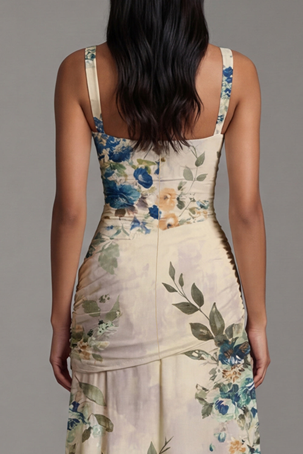 Ivory Draped Floral Square Neck A Line Maxi Evening Dress