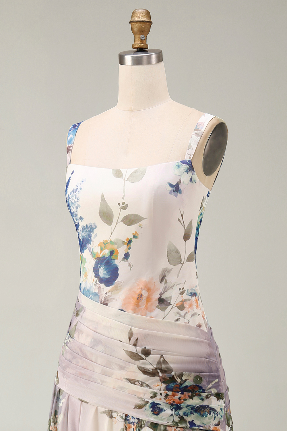 Ivory Draped Floral Square Neck A Line Maxi Evening Dress