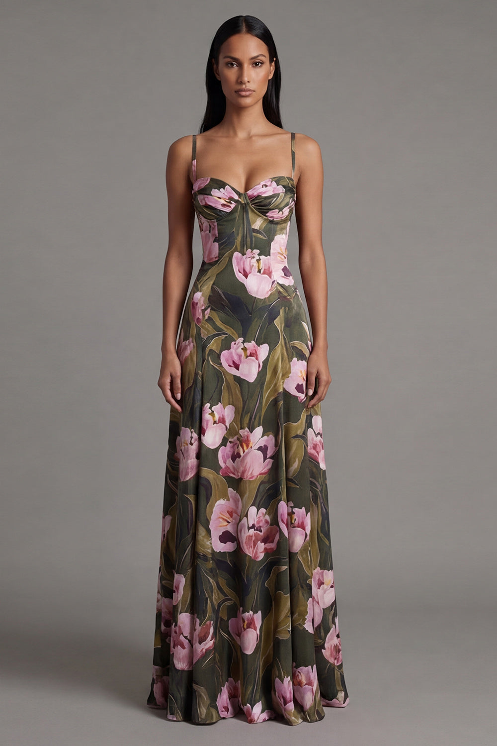 Olive Spaghetti Straps A Line Floral Maxi Evening Dress