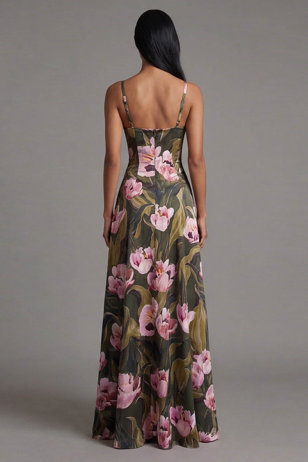 Olive Spaghetti Straps A Line Floral Maxi Evening Dress