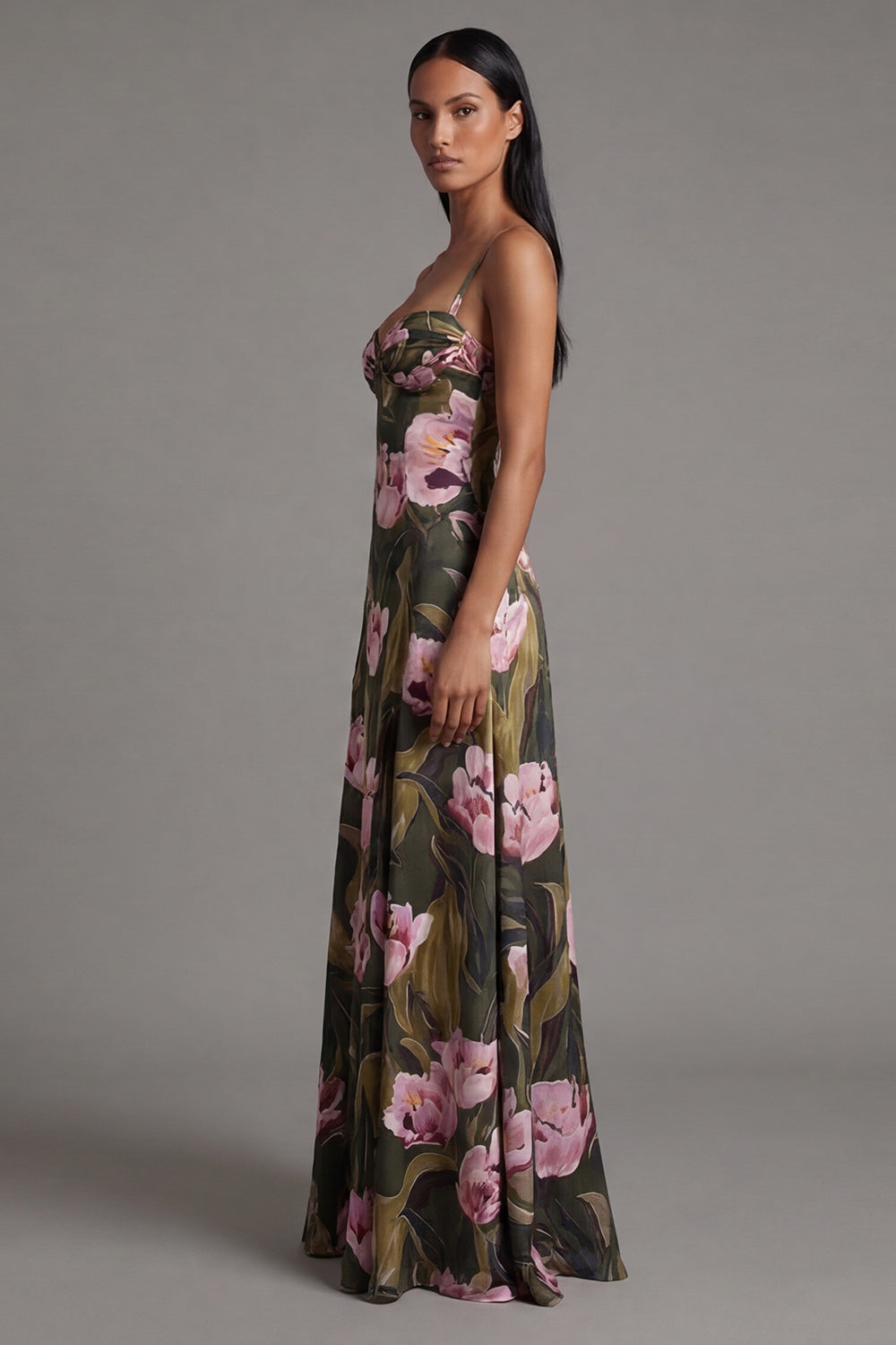 Olive Spaghetti Straps A Line Floral Maxi Evening Dress