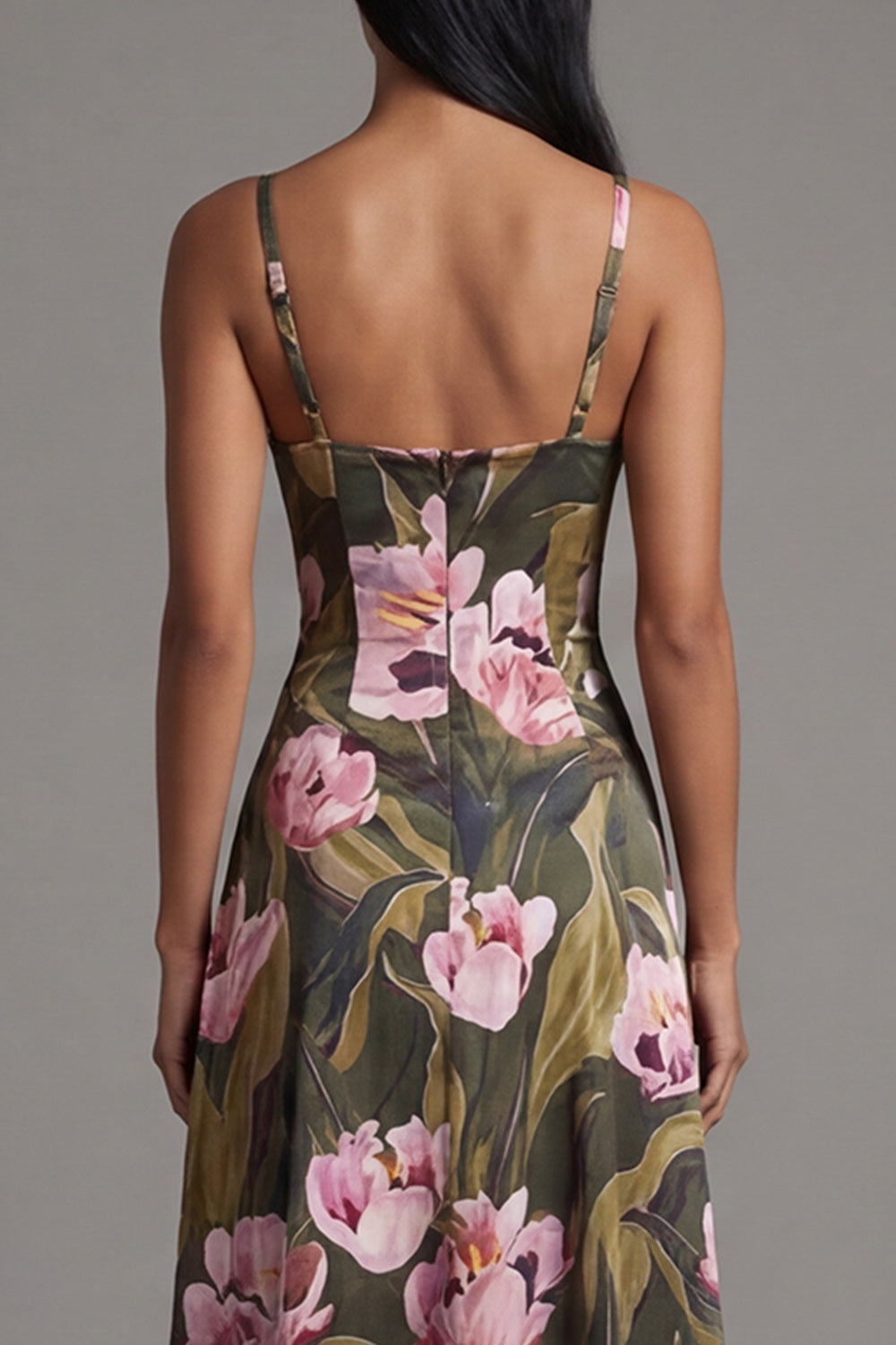 Olive Spaghetti Straps A Line Floral Maxi Evening Dress