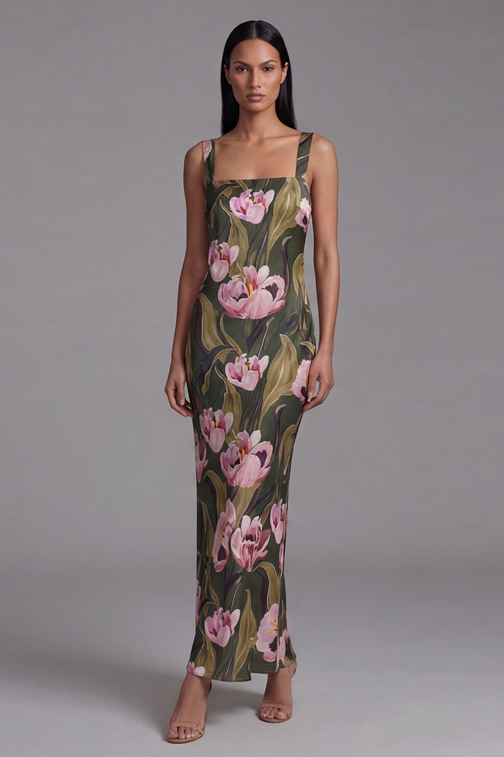 Sheath Olive Square Neck Floral Maxi Evening Dress