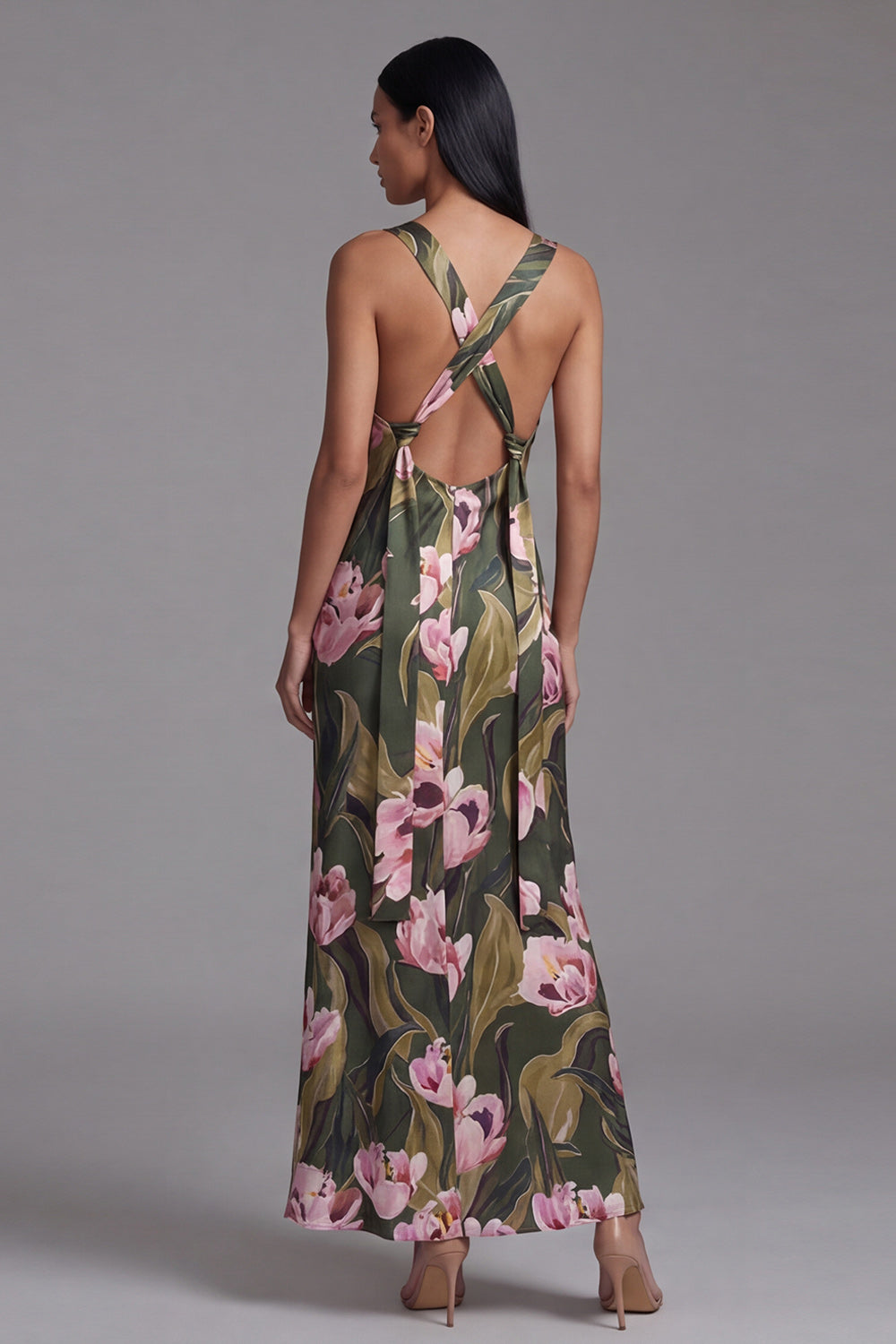 Sheath Olive Square Neck Floral Maxi Evening Dress