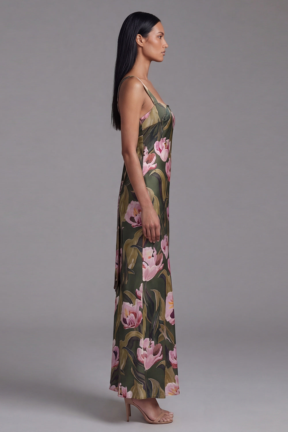 Sheath Olive Square Neck Floral Maxi Evening Dress