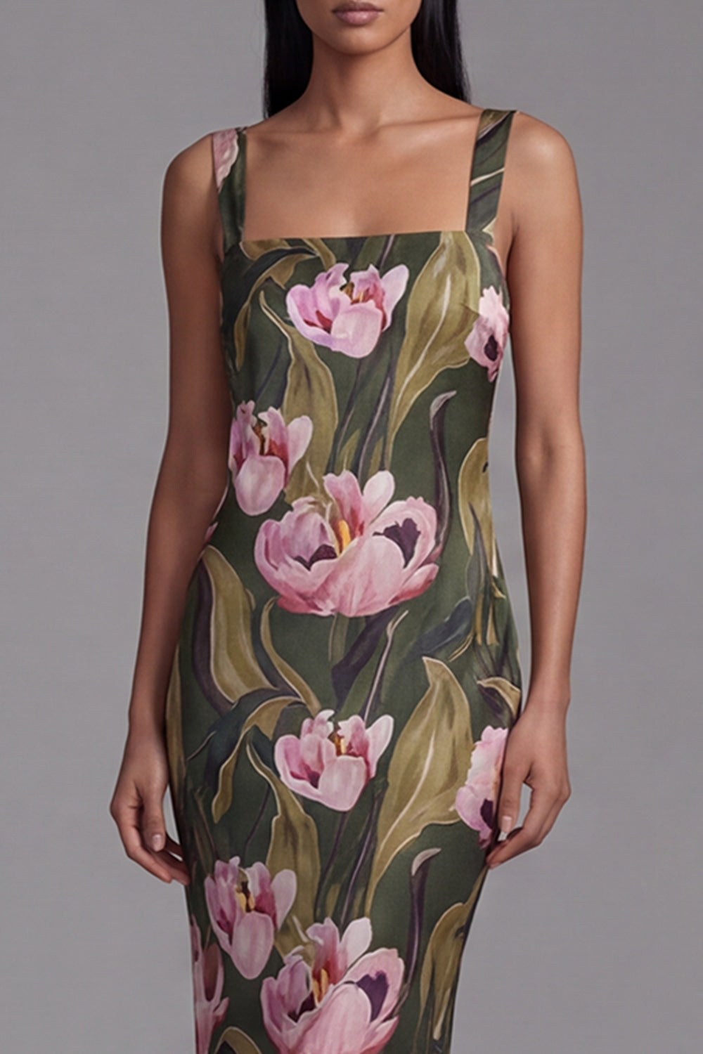 Sheath Olive Square Neck Floral Maxi Evening Dress