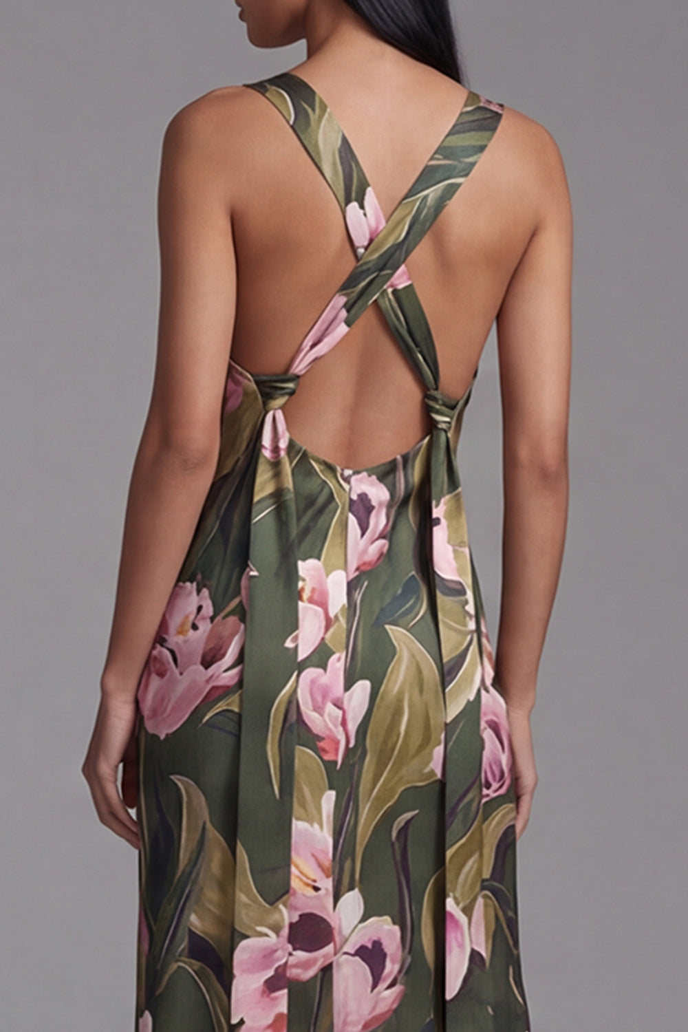 Sheath Olive Square Neck Floral Maxi Evening Dress