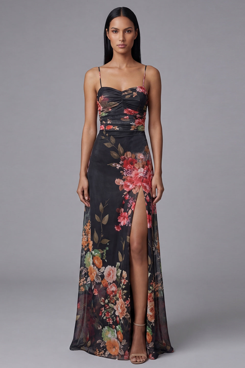 Ivory Floral Spaghetti Straps Sheath Maxi Evening Dress with Slit
