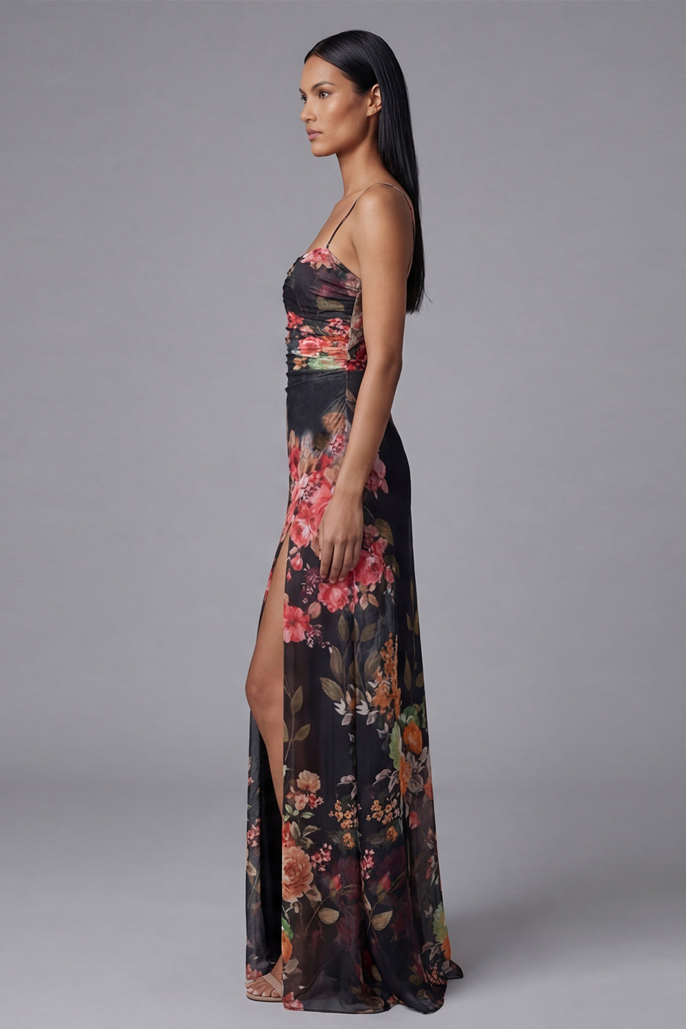 Ivory Floral Spaghetti Straps Sheath Maxi Evening Dress with Slit