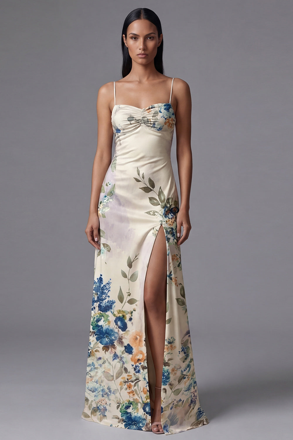 Ivory Floral Spaghetti Straps Sheath Maxi Evening Dress with Slit