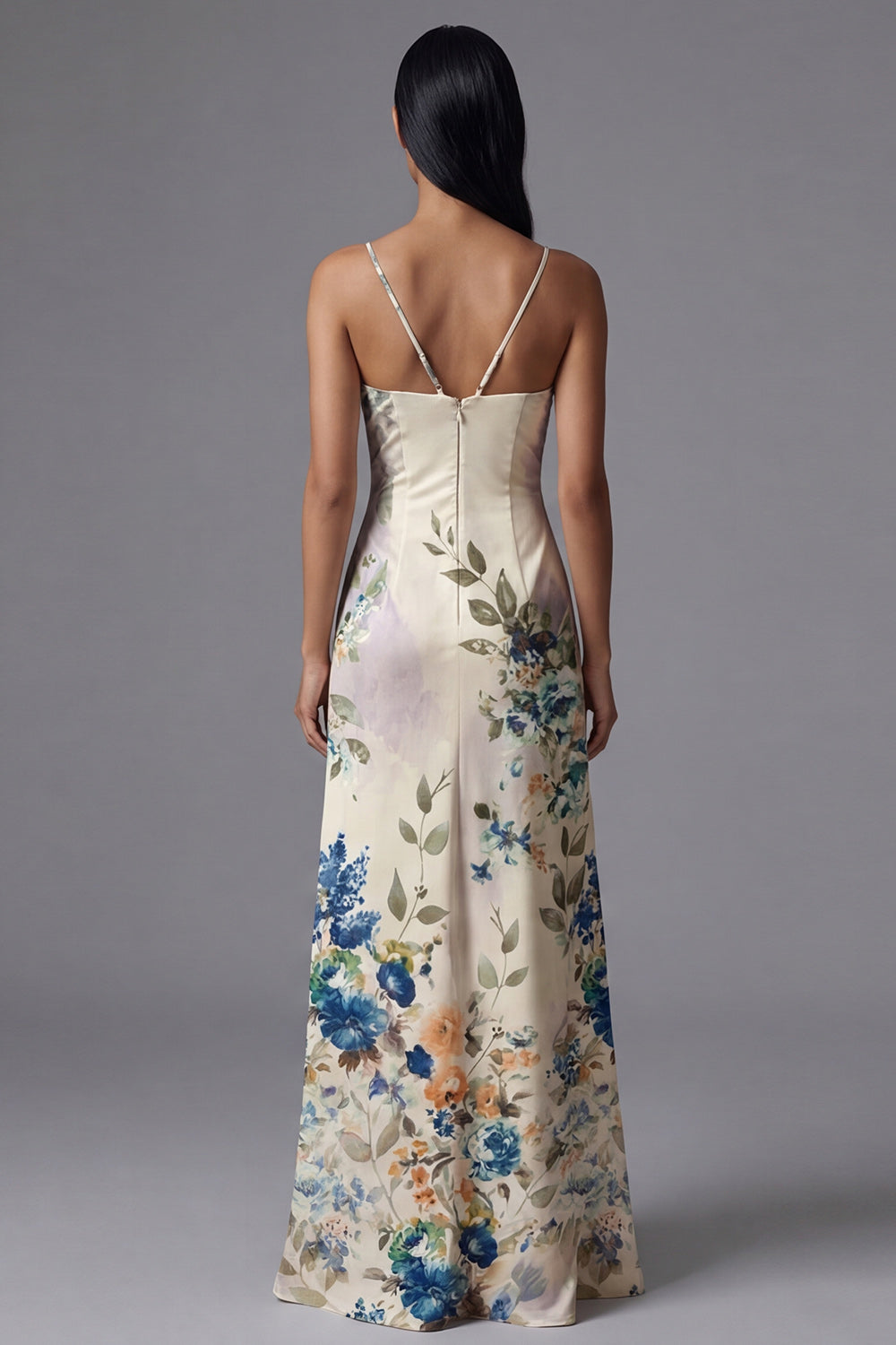 Ivory Floral Spaghetti Straps Sheath Maxi Evening Dress with Slit