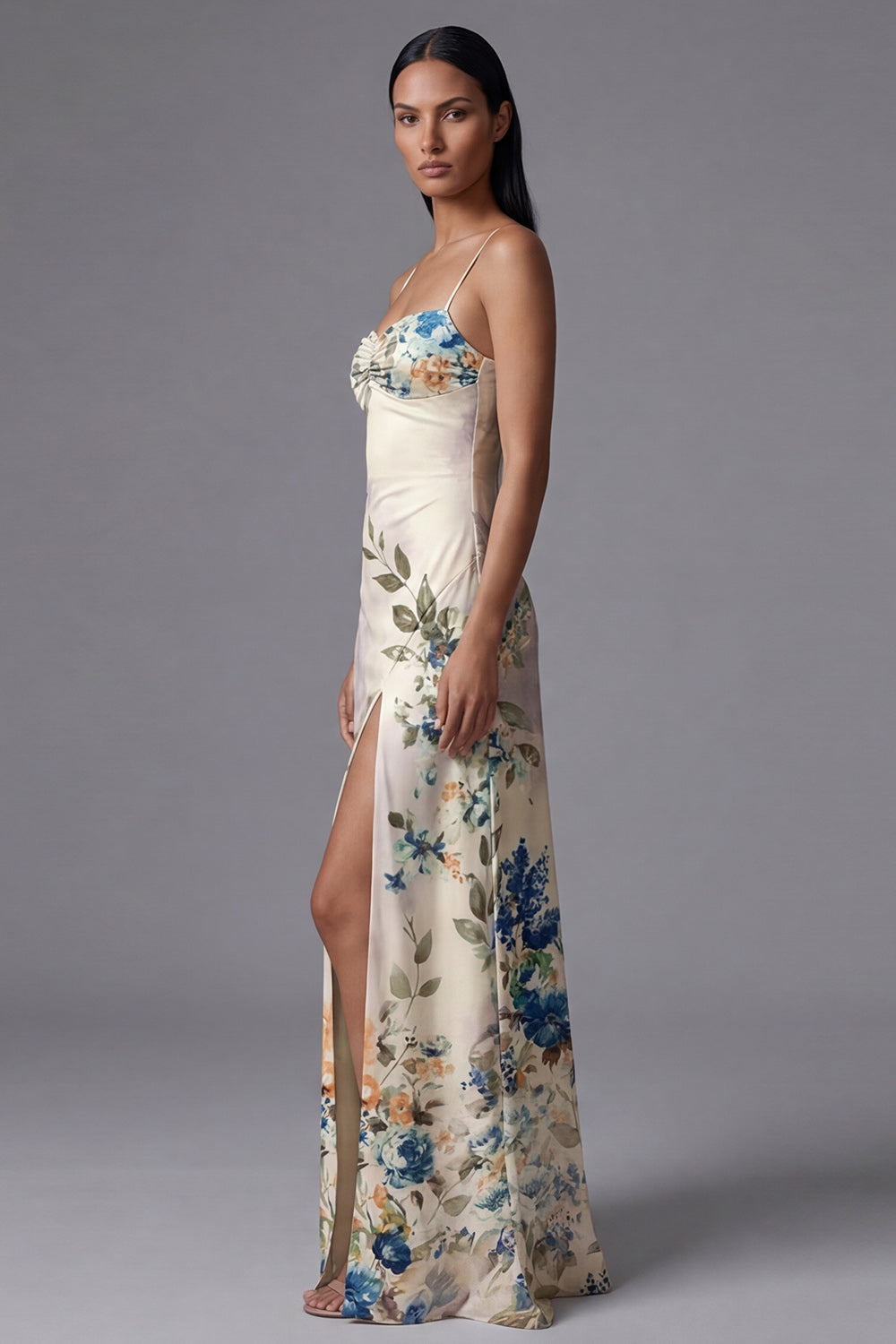 Ivory Floral Spaghetti Straps Sheath Maxi Evening Dress with Slit