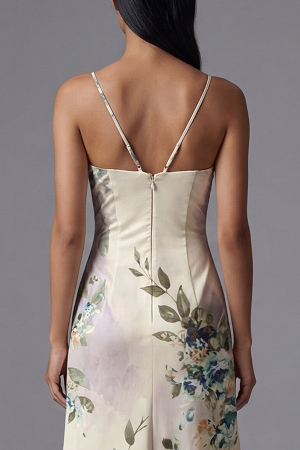 Ivory Floral Spaghetti Straps Sheath Maxi Evening Dress with Slit