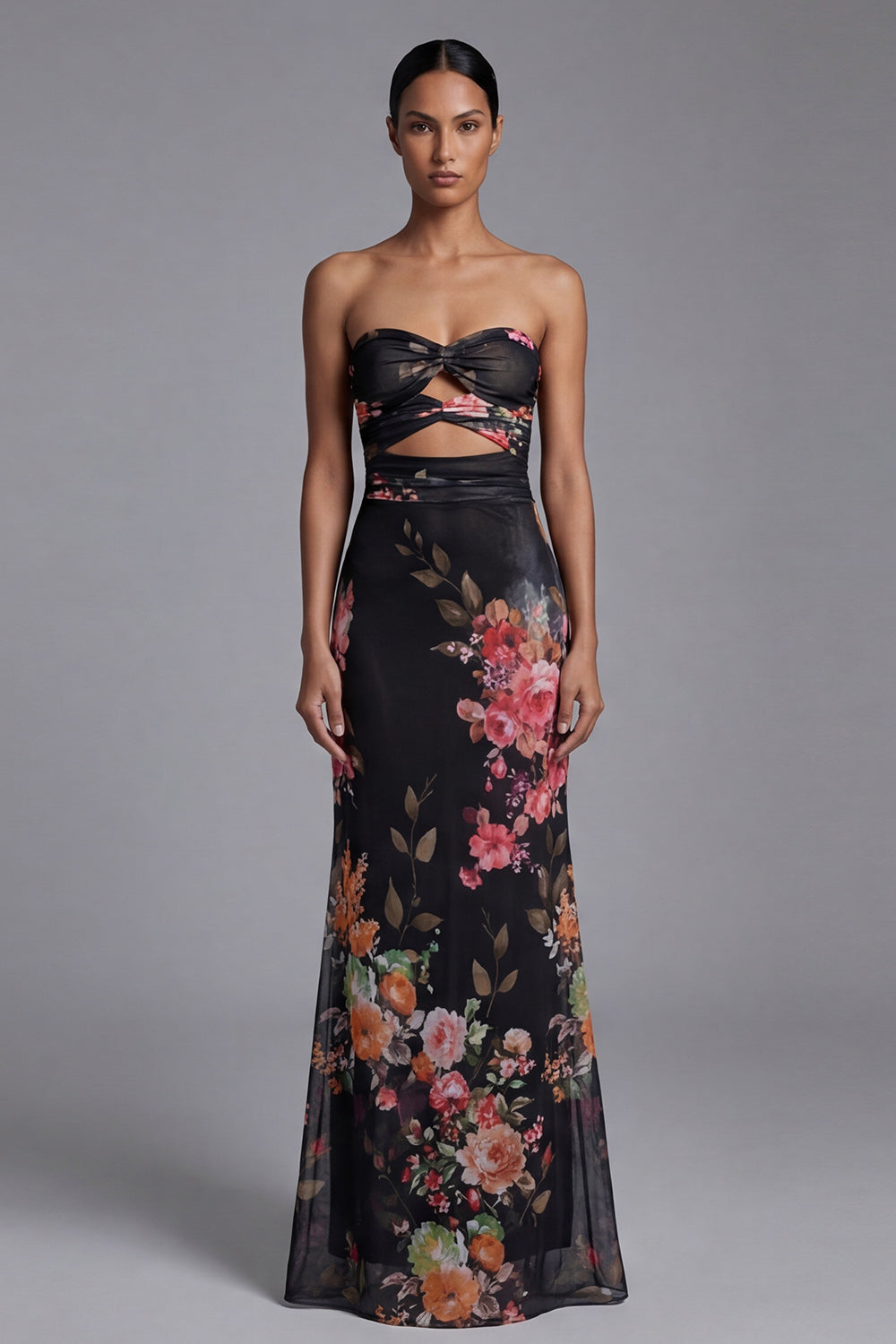 Black Floral Mermaid Strapless Maxi Evening Dress
