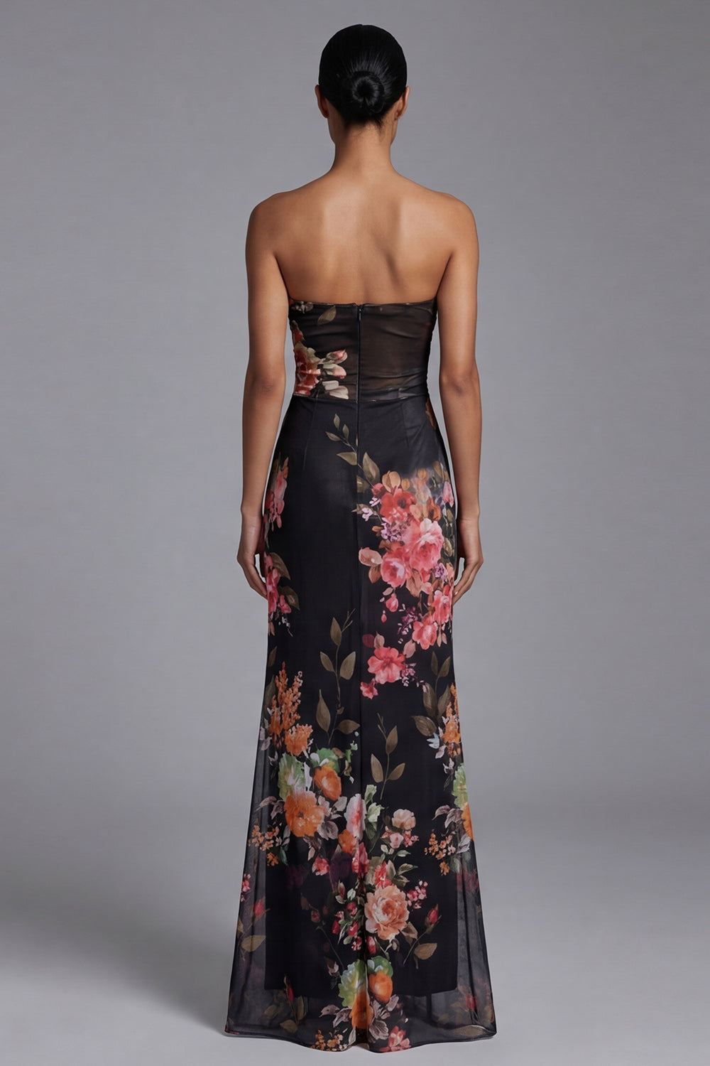 Black Floral Mermaid Strapless Maxi Evening Dress