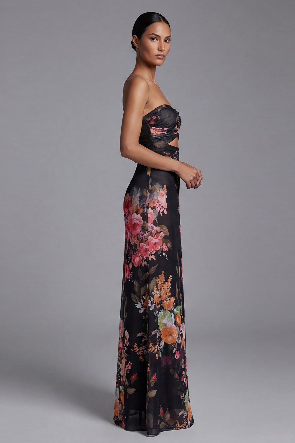 Black Floral Mermaid Strapless Maxi Evening Dress
