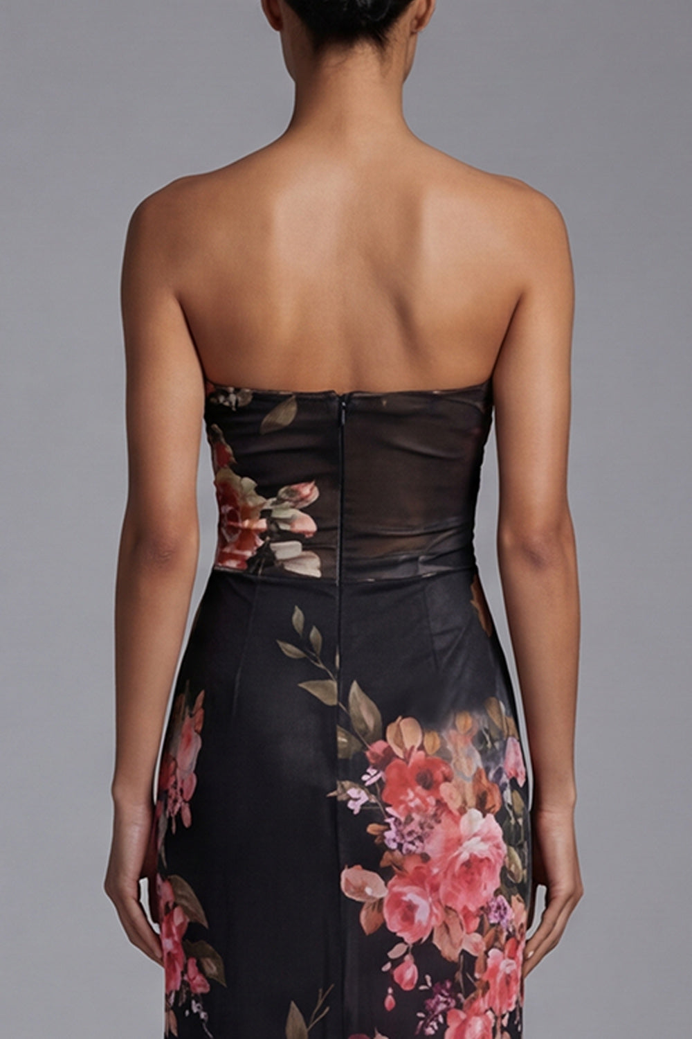 Black Floral Mermaid Strapless Maxi Evening Dress
