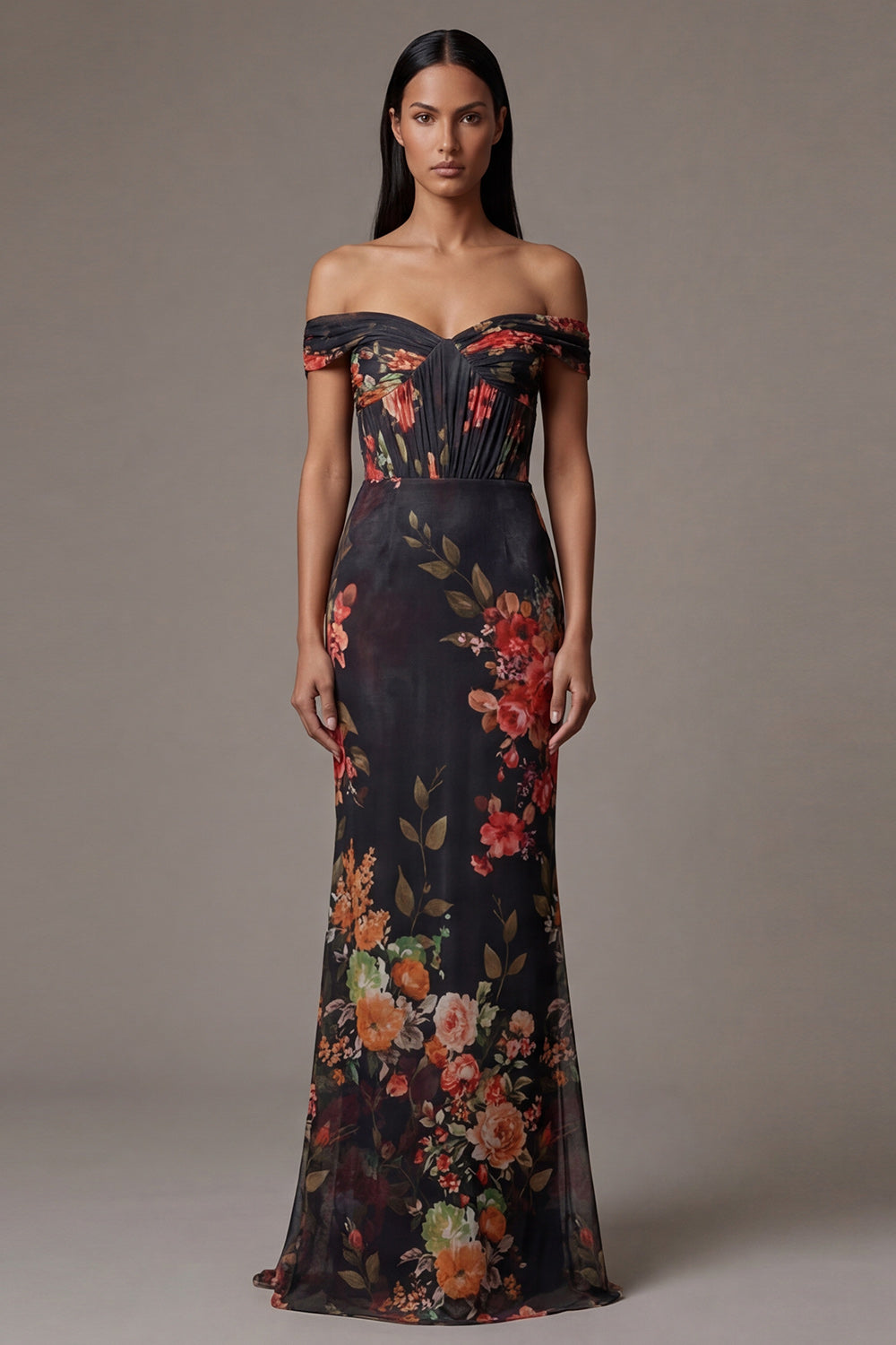 Black Mermaid Floral Maxi Evening Dress with Pleats