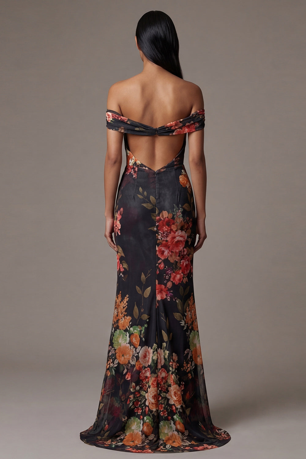 Black Mermaid Floral Maxi Evening Dress with Pleats