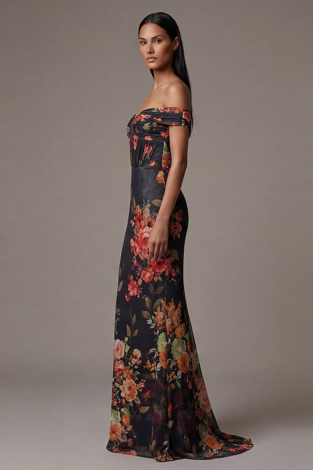 Black Mermaid Floral Maxi Evening Dress with Pleats