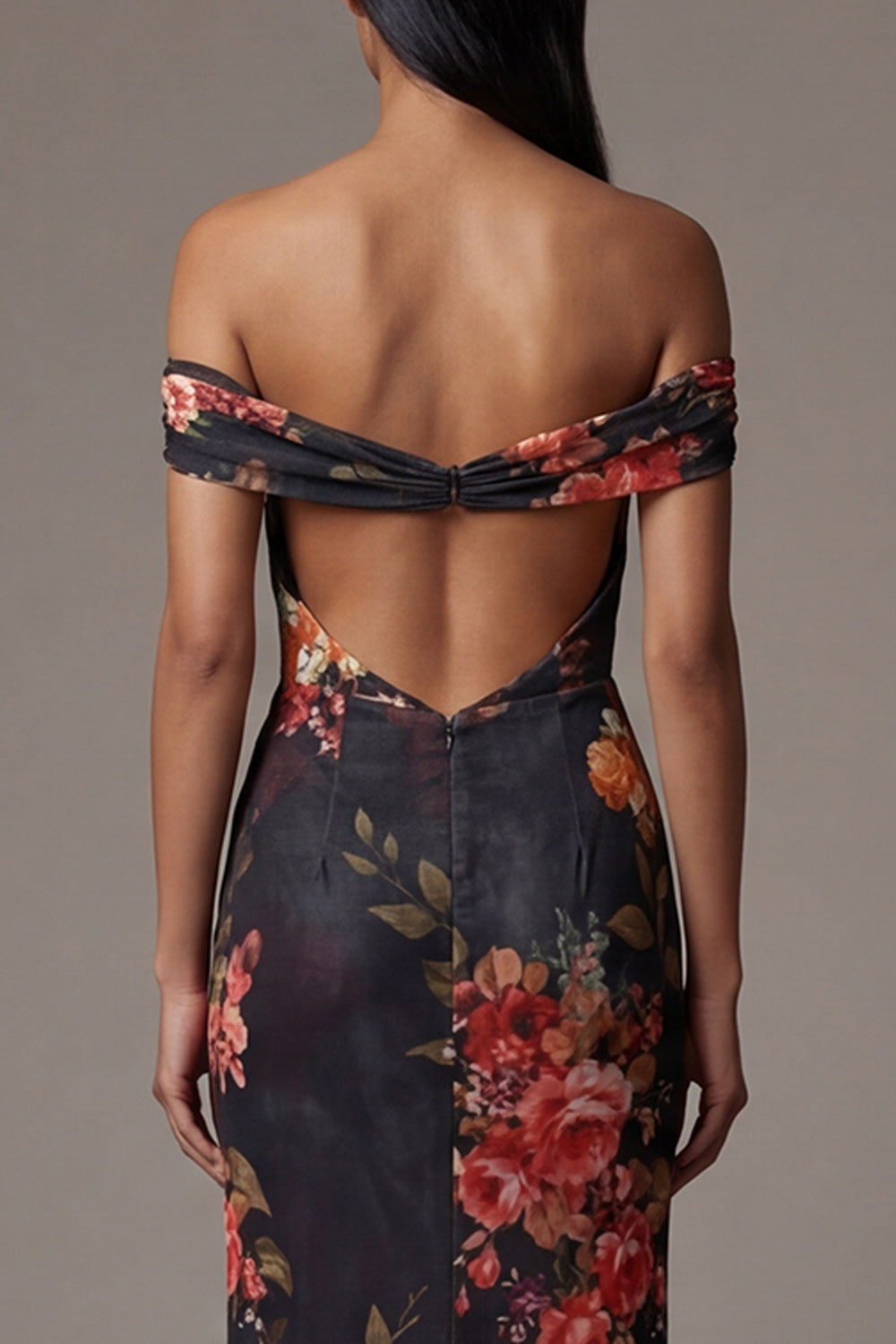 Black Mermaid Floral Maxi Evening Dress with Pleats
