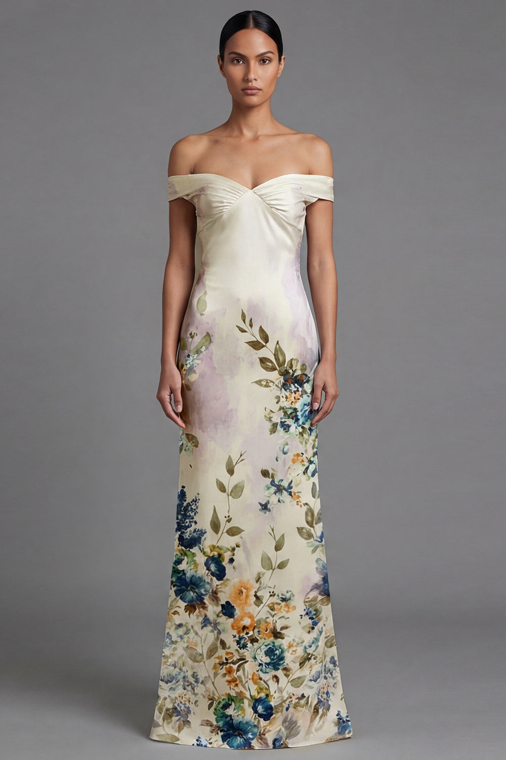 Ivory Mermaid Maxi Floral Off the Shoulder Beach Evening Dress