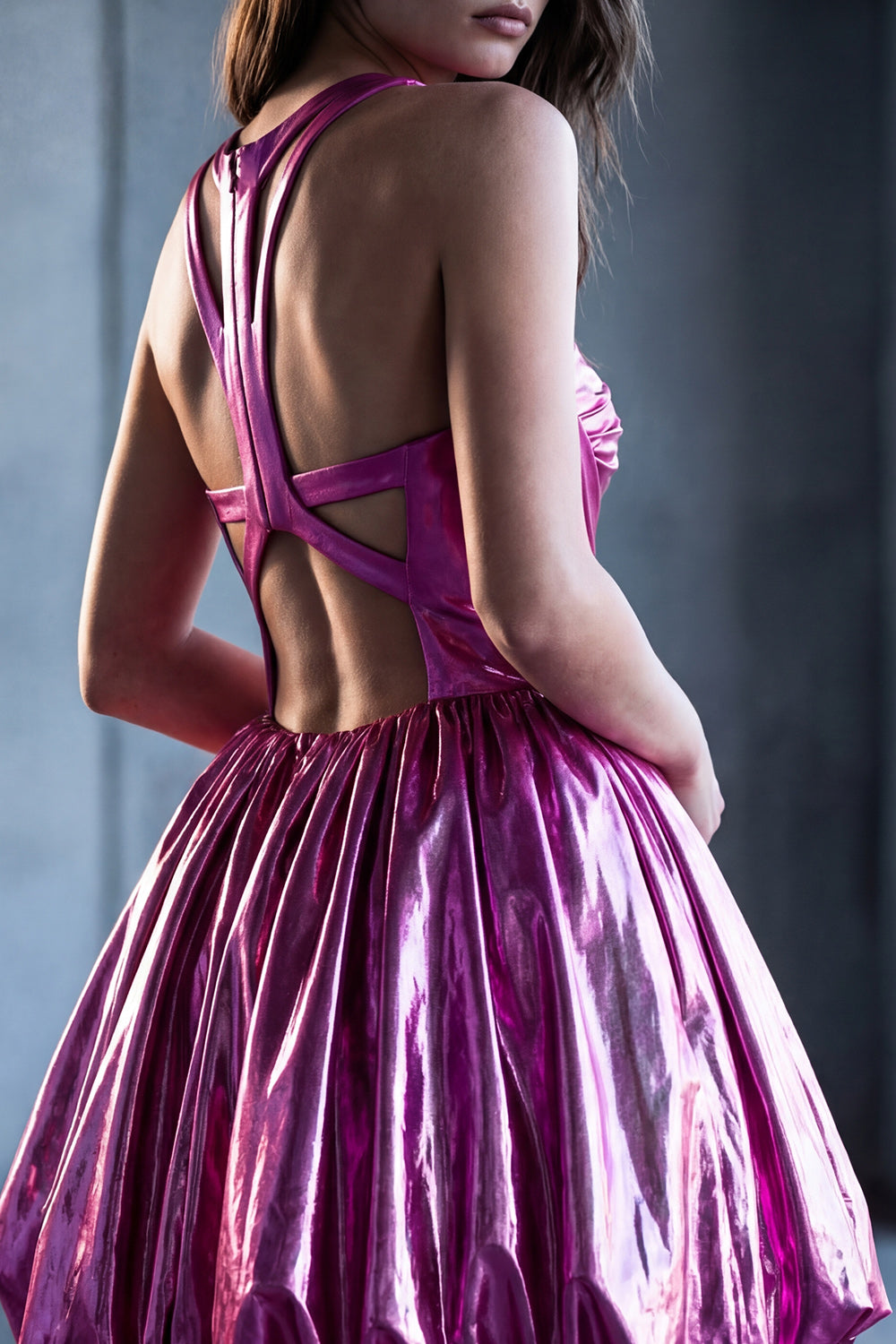 Metallic Fuchsia Glitter A Line Keyhole Short Vintage 80s Prom Dress